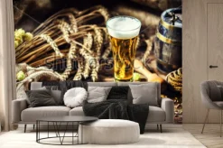 Fototapeta: Szklanka świeżego zimnego piwa w rustykalnym otoczeniu