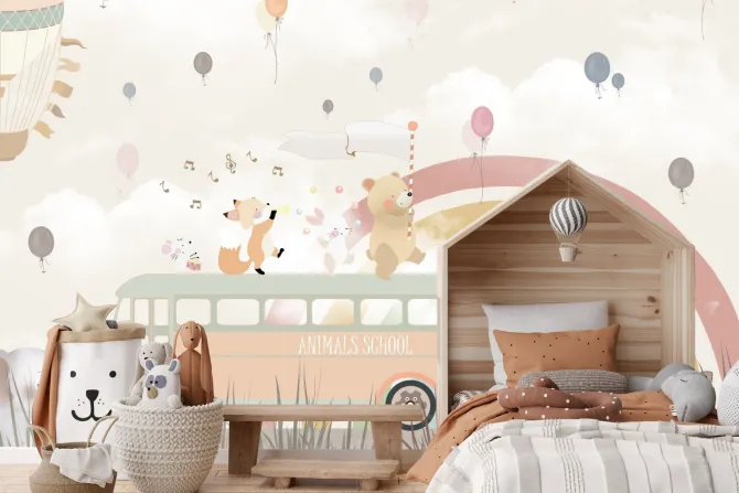 Fototapeta: Szkolny autobus ze zwierzętami na tle tęczy