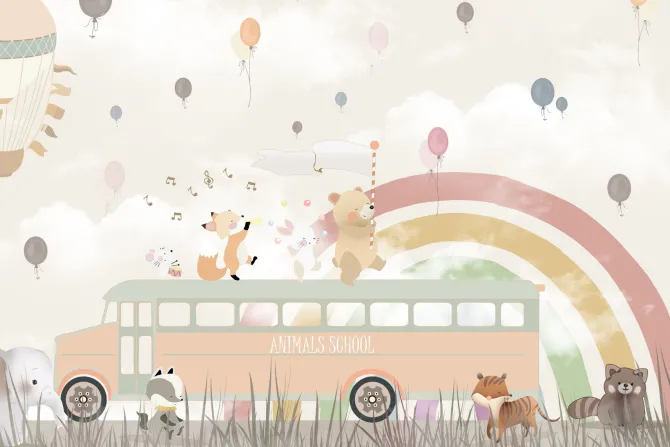 Fototapeta: Szkolny autobus ze zwierzętami na tle tęczy