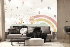 Fototapeta: Szkolny autobus ze zwierzętami na tle tęczy