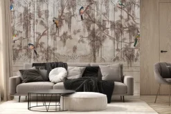 Fototapeta: Sztukateria z leśnymi ptakami i gałęziami