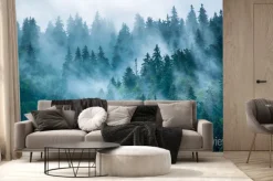 Fototapeta: Tajemniczy las we mgle na tle górskich szczytów