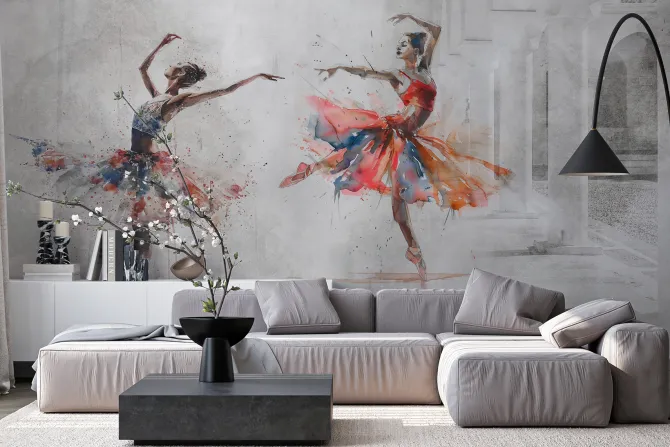 Fototapeta: Taniec baletnic w stylu akwareli z elementami architektury