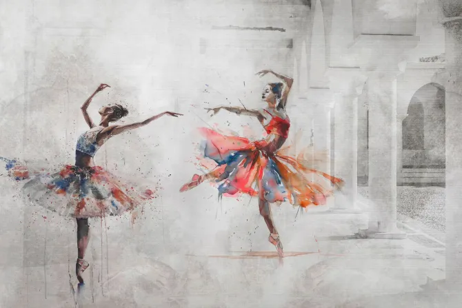 Fototapeta: Taniec baletnic w stylu akwareli z elementami architektury