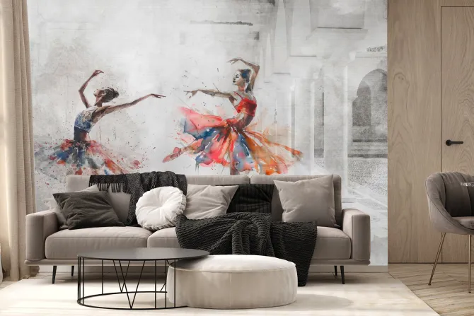 Fototapeta: Taniec baletnic w stylu akwareli z elementami architektury