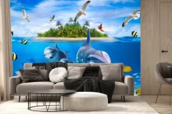 Fototapeta: Tapeta 3d rafa koralowa tropikalna kolorowa ryba i delfiny w