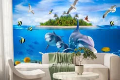 Fototapeta: Tapeta 3d rafa koralowa tropikalna kolorowa ryba i delfiny w