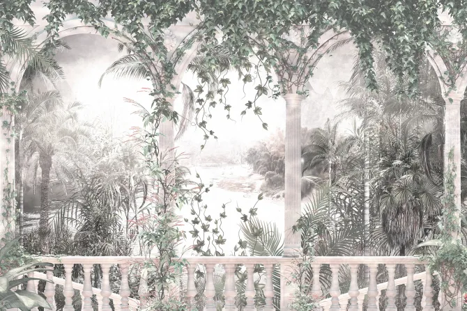 Fototapeta: Taras z łukami wśród tropikalnej roślinności