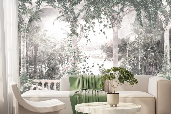 Fototapeta: Taras z łukami wśród tropikalnej roślinności