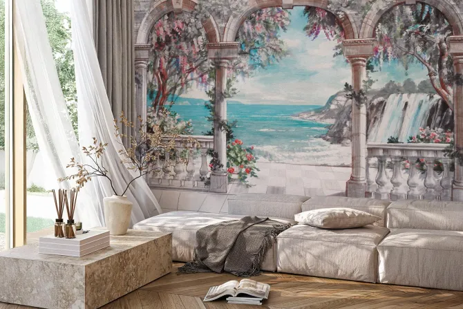 Fototapeta: Taras z łukami wśród roślinności i morza