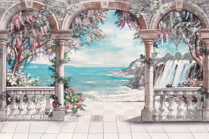 Fototapeta: Taras z łukami wśród roślinności i morza
