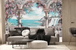 Fototapeta: Taras z łukami wśród roślinności i morza