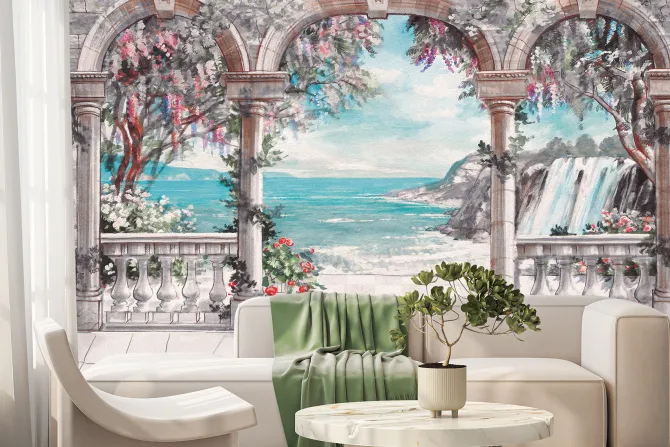 Fototapeta: Taras z łukami wśród roślinności i morza