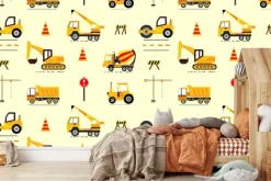 Fototapeta: Żółte autka koparka dźwig dziecięcy wzór