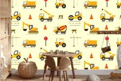 Fototapeta: Żółte autka koparka dźwig dziecięcy wzór