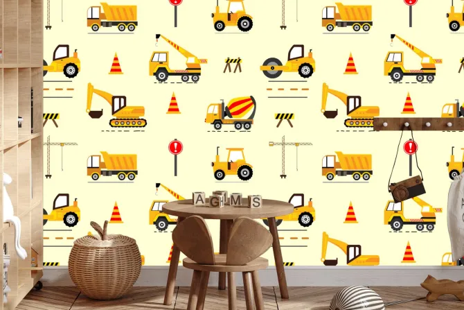 Fototapeta: Żółte autka koparka dźwig dziecięcy wzór