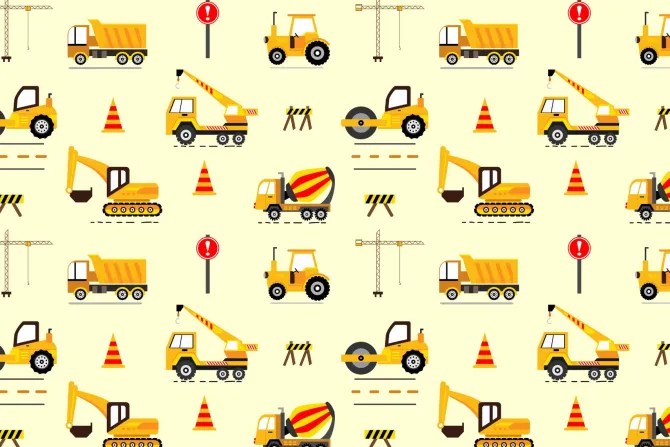 Fototapeta: Żółte autka koparka dźwig dziecięcy wzór