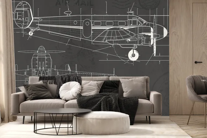 Fototapeta: Techniczny rysunek samolotu na szarym tle