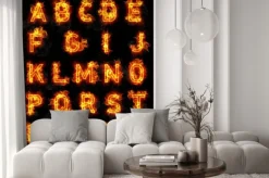 Fototapeta: Tekst fire font wszystkie litery alfabetu na czarnym tle