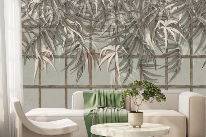 Fototapeta: Texture background with tropical leaves that hang down old wooden