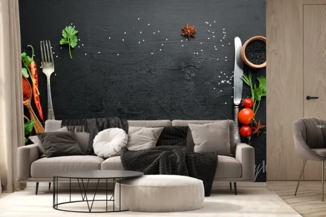 Fototapeta: The background of cooking. on a black wooden background. top