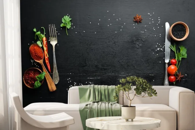 Fototapeta: The background of cooking. on a black wooden background. top