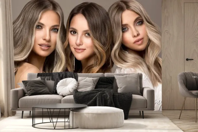 Fototapeta: Three beautiful girls in white wedding dresses with hair coloring