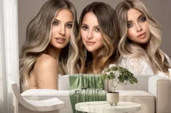 Fototapeta: Three beautiful girls in white wedding dresses with hair coloring