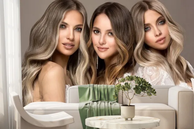 Fototapeta: Three beautiful girls in white wedding dresses with hair coloring