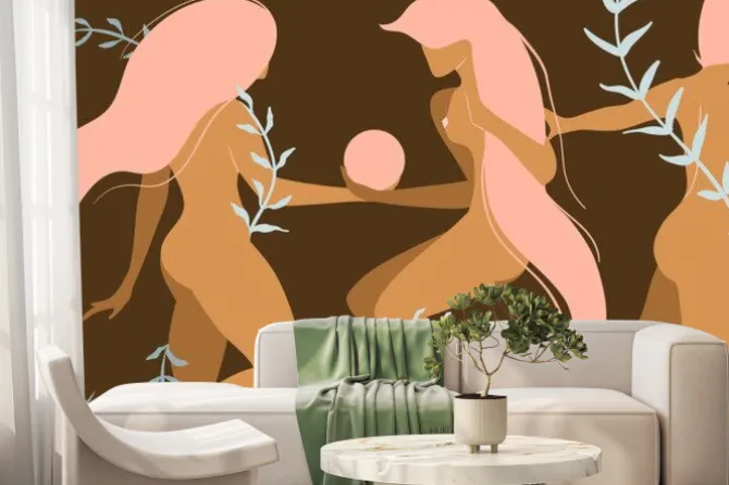 Fototapeta: Three nude beautiful women with floral decoration product or