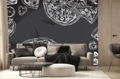 Fototapeta: Tło z okrągłą pizzą, kawałki pizzy, nóż, parmezan. zestaw kuchni