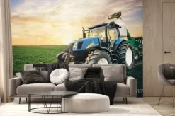 Fototapeta: Traktor na polu i zachód słońca