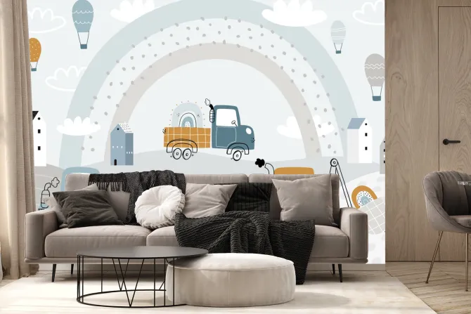 Fototapeta: Traktor na wzgórzach z koparką i chmurami