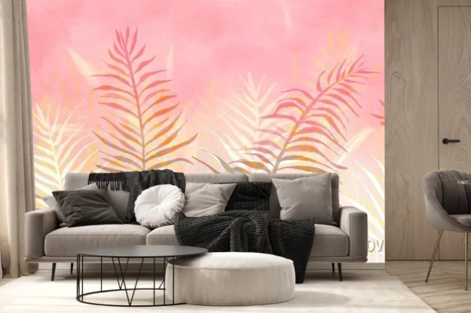 Fototapeta: Tropical palm leaves wallpaper. trendy interior mural sunset