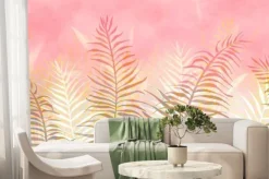Fototapeta: Tropical palm leaves wallpaper. trendy interior mural sunset