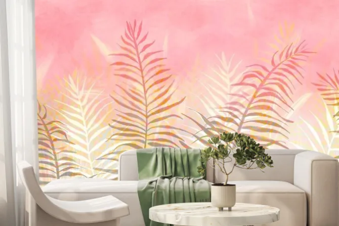 Fototapeta: Tropical palm leaves wallpaper. trendy interior mural sunset