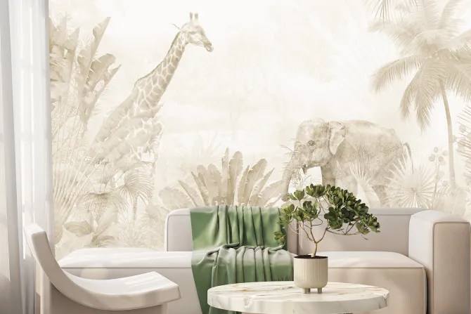 Fototapeta: Tropikalna dżungla ze zwierzętami w beżach
