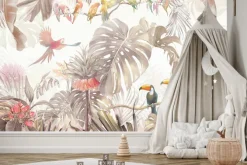 Fototapeta: Tropikalna dżungla z kolorowymi ptakami i bujną roślinnością