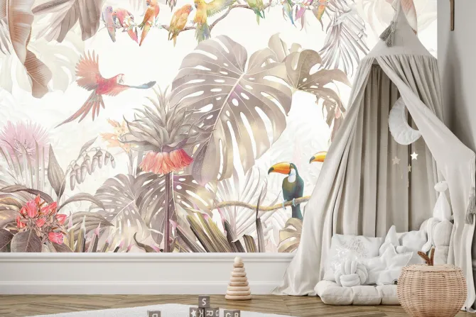 Fototapeta: Tropikalna dżungla z kolorowymi ptakami i bujną roślinnością