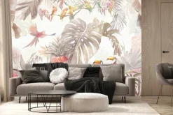 Fototapeta: Tropikalna dżungla z kolorowymi ptakami i bujną roślinnością