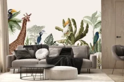 Fototapeta: Tropikalna dżungla z żyrafą, papugami i małpami