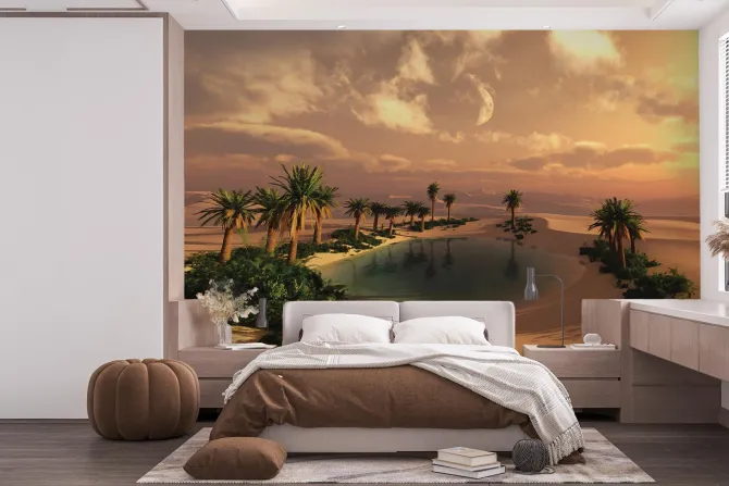 Fototapeta: Tropikalna pustynia z palmami i wodą