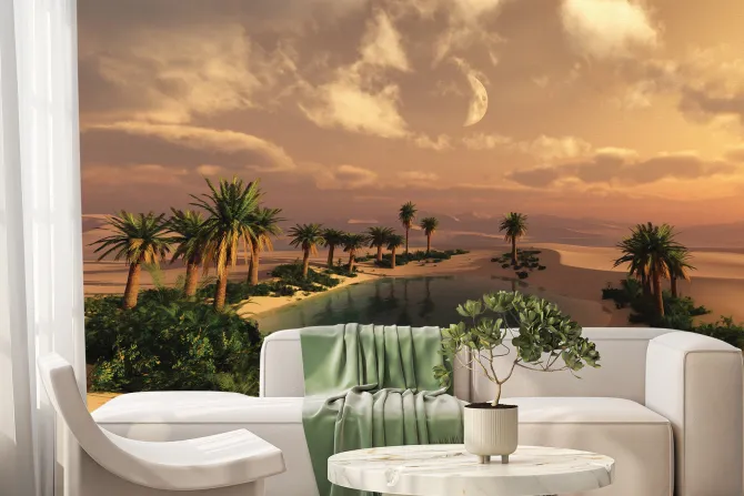 Fototapeta: Tropikalna pustynia z palmami i wodą