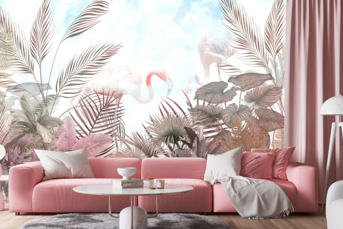 Fototapeta: Tropikalne drzewa liście i flaming w mglistym lesie