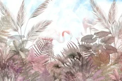 Fototapeta: Tropikalne drzewa liście i flaming w mglistym lesie