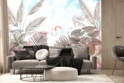 Fototapeta: Tropikalne drzewa liście i flaming w mglistym lesie