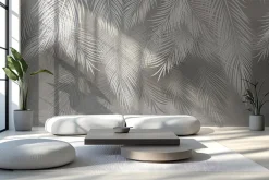 Fototapeta: Tropikalne liście palmowe w bieli i szarości na tle z efektem