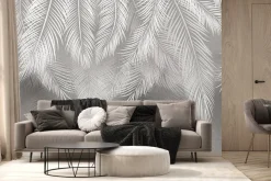 Fototapeta: Tropikalne liście palmowe w bieli i szarości na tle z efektem