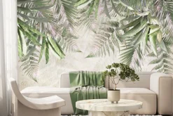 Fototapeta: Tropikalne liście palmy paproci zwisające z góry betonowe tło