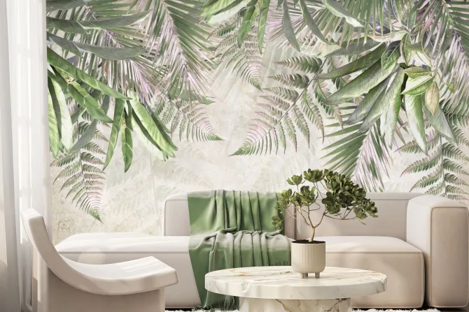 Fototapeta: Tropikalne liście palmy paproci zwisające z góry betonowe tło